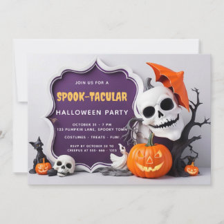 Invitación Partido de Halloween de Cuadros Skeleton y Pumpkin