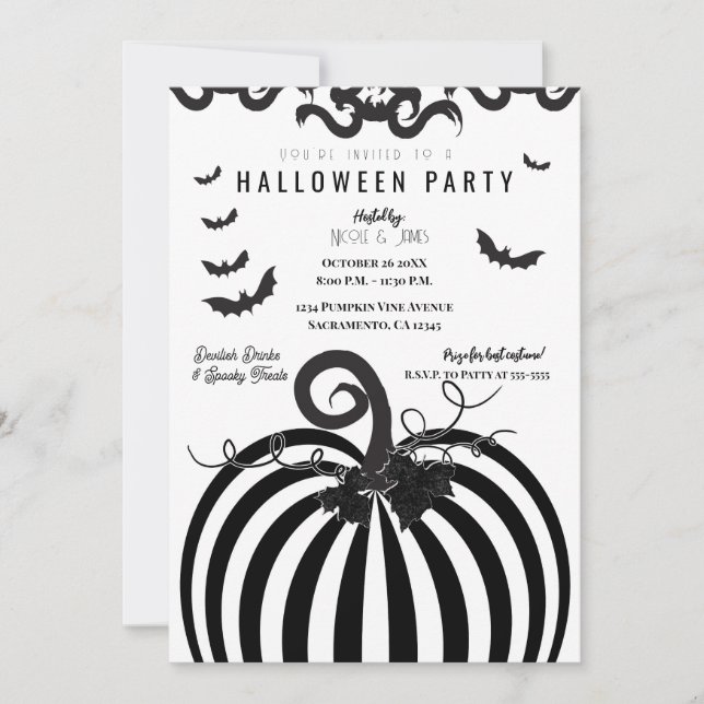 Invitación Partido de Halloween de la Calabaza Blanca Negra y (Anverso)