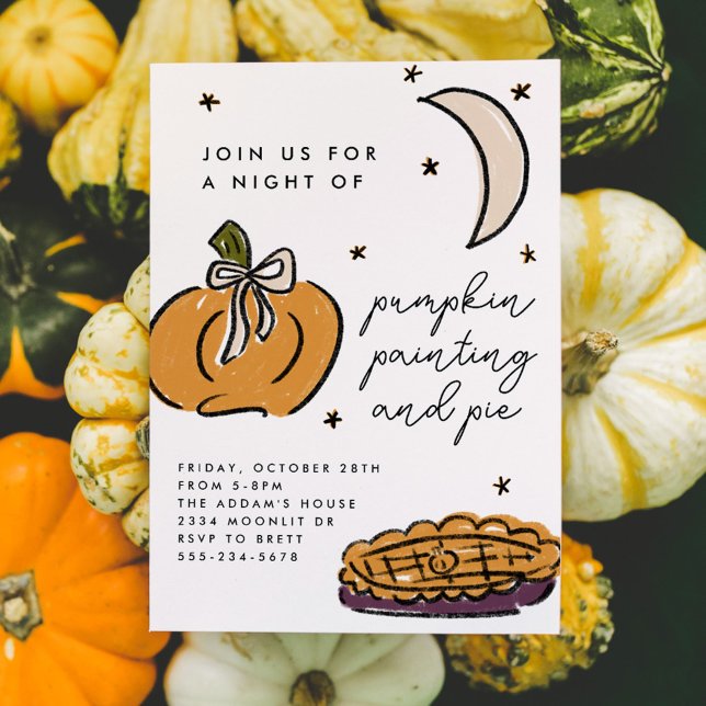 Invitación Partido de Halloween de la pintura de calabaza ilu (Pumpkin painting and pie illustrated Halloween party invitation.)