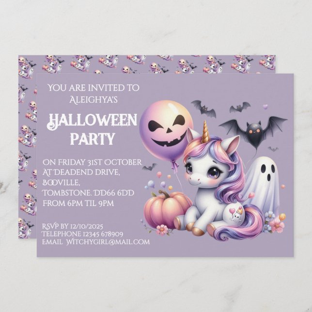 Invitación Partido de Halloween de Unicornio (Anverso / Reverso)