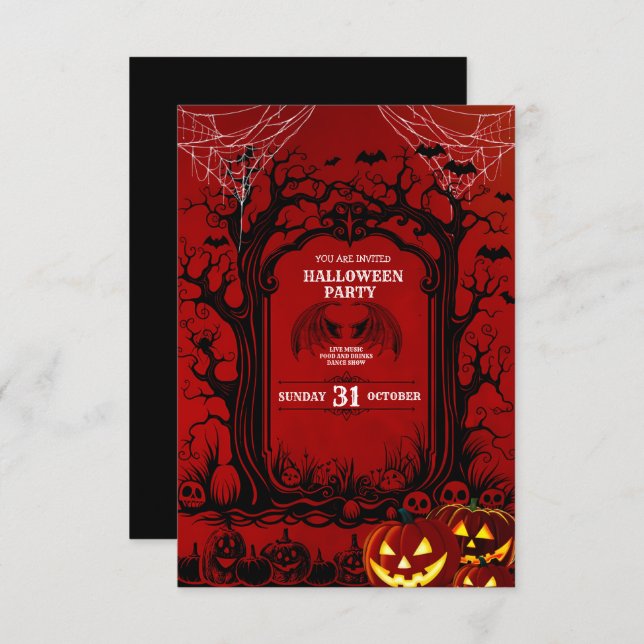 Invitación Partido de Halloween del Siniestro Negro y Rojo (Anverso / Reverso)
