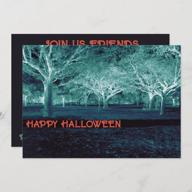 Invitación Partido de Halloween Esquema Verde Azul Bosque asu (Anverso / Reverso)