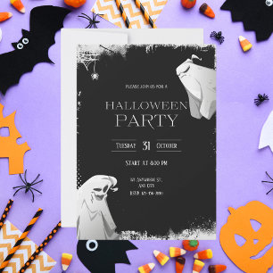 Invitación Partido de Halloween Fantasma de Horror Negro y Bl