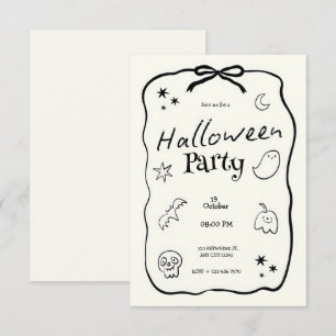 Invitación Partido de Halloween ilustrativo en blanco y negro
