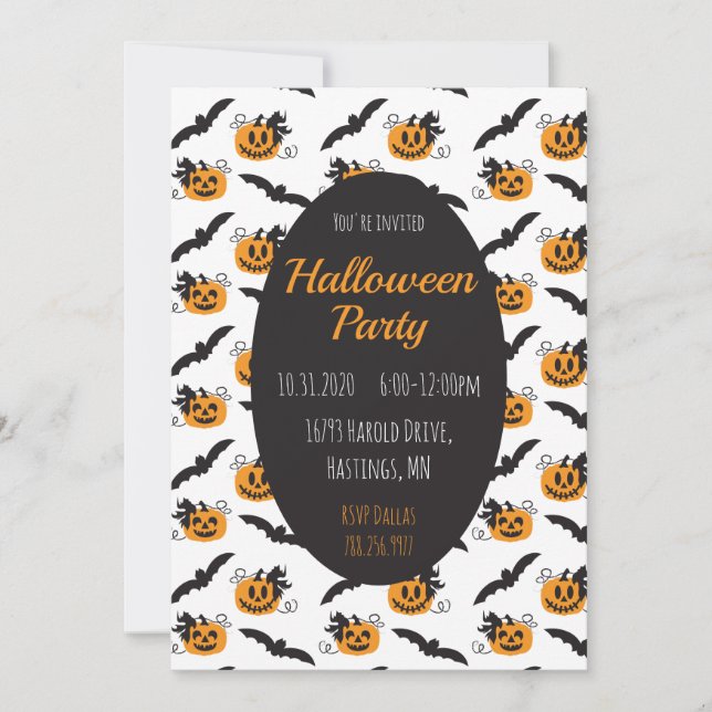 Invitación Partido de Halloween Jack O Lanterns Bat Black Nar (Anverso)