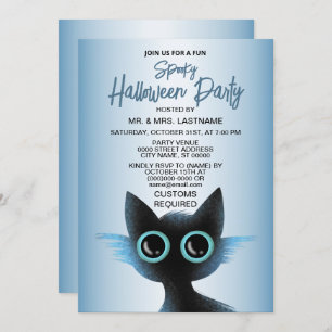 Invitación Partido de Halloween Ojos Grandes Gato Malvado Azu