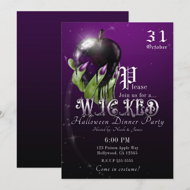 Invitación Partido de Halloween Púrpura de Brujas de Apple en (Anverso / Reverso)