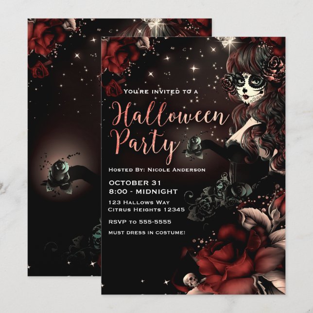 Invitación Partido de Halloween Rojo, Chica de la Calavera Mu (Anverso / Reverso)