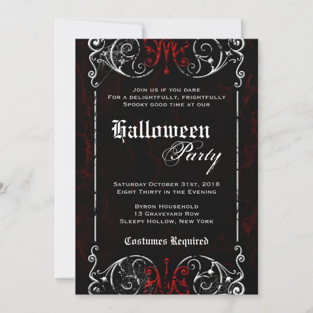 Invitación Partido de Halloween Rojo Negro, espeluznante y gó (Anverso)
