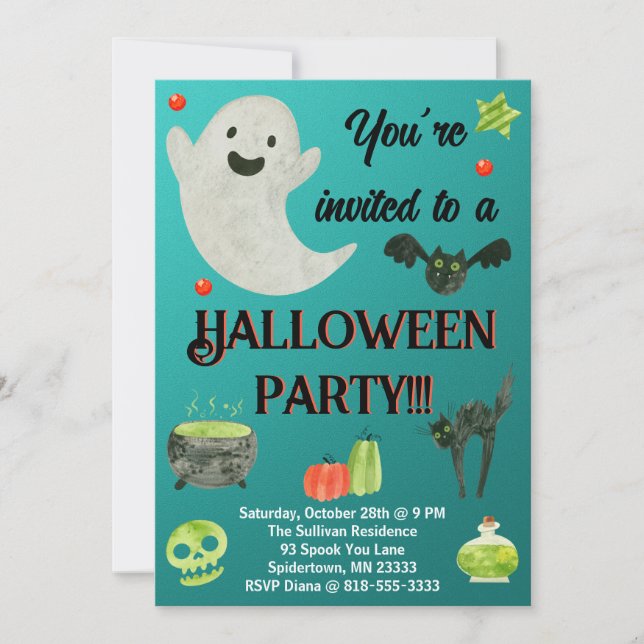 Invitación Partido de Halloween Verde azulado y Verde (Anverso)
