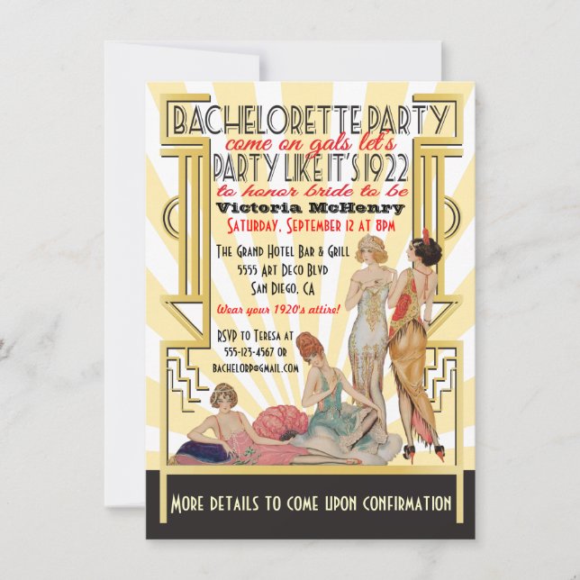 Invitación Partido de la Bachelorette Art Déco de los años 19 (Anverso)