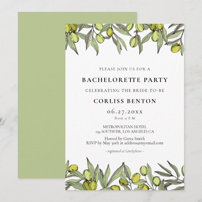 Invitación Partido de la Bachelorette de la rama de olivo mod (Anverso / Reverso)