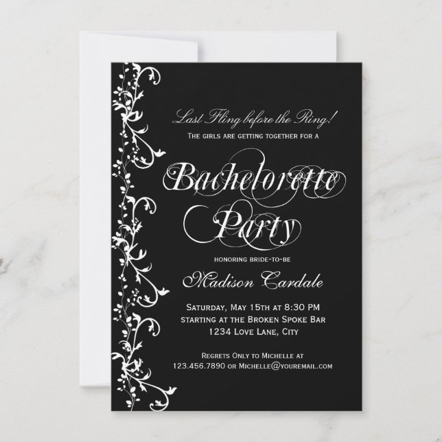 Invitación Partido de la Bachelorette Elegante de Blanco y Ne (Anverso)