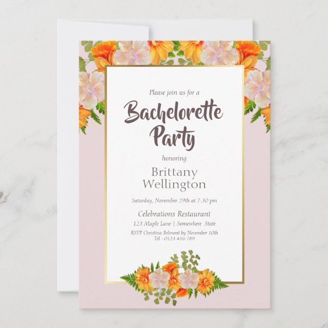 Invitación Partido de la Bachelorette Floral, Naranja Rosa (Anverso)