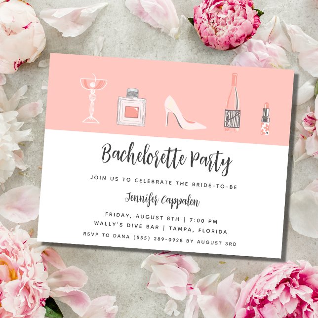 Invitación Partido de la Bachelorette Girly Pink (Girly Pink Bachelorette Party Invitation)