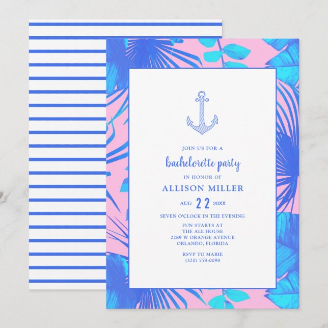 Invitación Partido de la Bachelorette Náutica Rosa y Azul (Anverso / Reverso)
