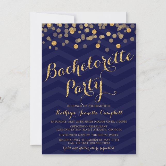 Invitación Partido de la Bachelorette, Purpurina de la Marina (Anverso)
