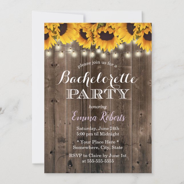 Invitación Partido de la Bachelorette Rustic Sunflowers Strin (Anverso)