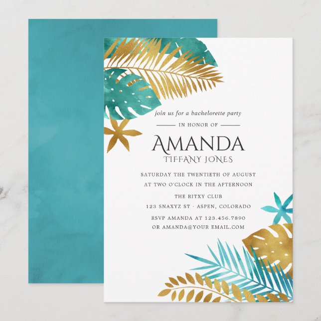 Invitación Partido de la Bachelorette Tropical verde azulada  (Anverso / Reverso)