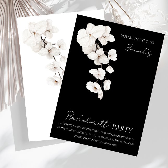 Invitación Partido de la Bachillerato de las orquídeas blanca (Modern Black and White Orchids Flowers Bachelorette Party Wedding Invitation)