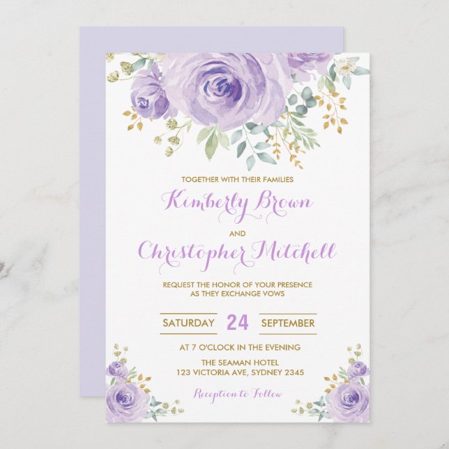 Invitación Partido de la Boda Floral de Lilac Púrpura (Anverso / Reverso)