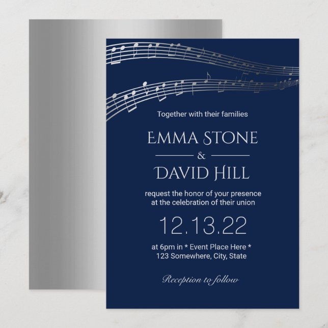Invitación Partido de la Boda Musical Elegante Marina y Plata (Anverso / Reverso)