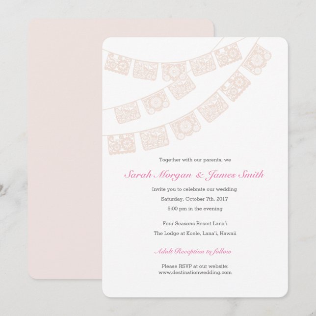 Invitación Partido de la Boda Papel Picado Invita al Rosa (Anverso / Reverso)