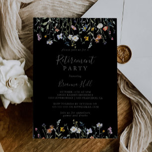Invitación Partido de la Jubilación de Color Negro Floral Sil