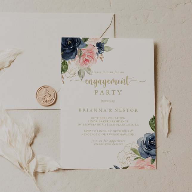 Invitación Partido de la Marina Rubor Floral Gold Engagement (Subido por el creador)