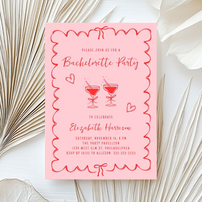 Invitación Partido de la solapa del marco de la ondulación ro (Cute bachelorette party invitation featuring whimsical hand drawn margaritas, hearts + coquette bows)