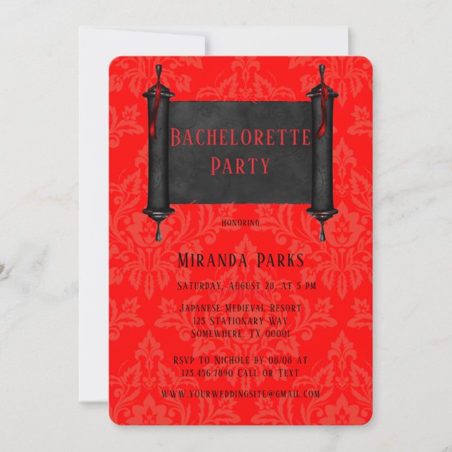Invitación Partido de la soltera Red Black Damask de pergamin (Anverso)