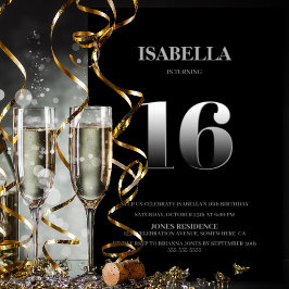 Invitación Partido de los 16 Años minimalista Negro y Plata