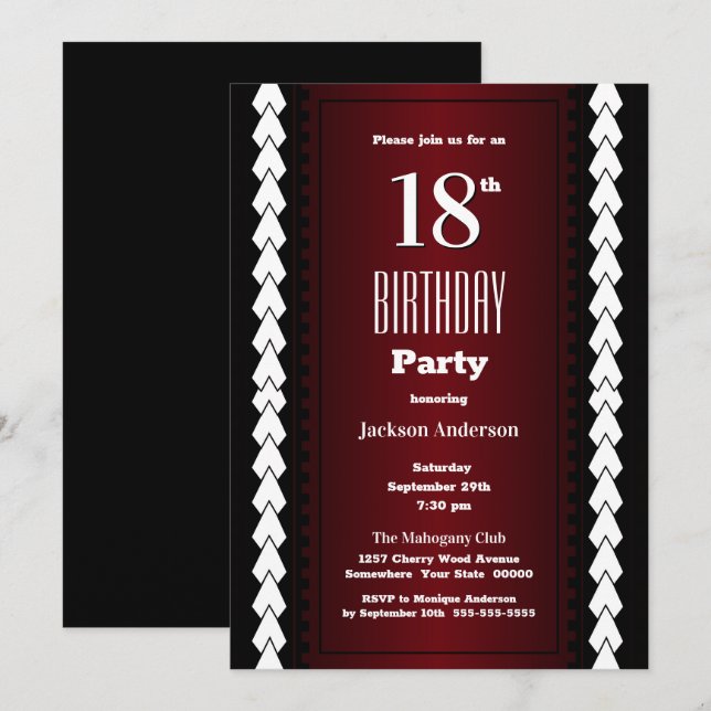 Invitación Partido de los 18 Años Negro y Borgoña (Anverso / Reverso)