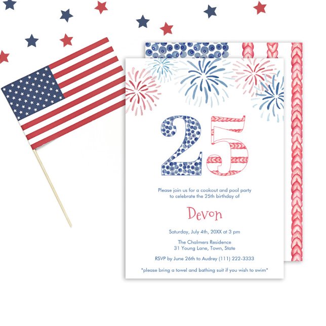 Invitación Partido de los 25 Años Patriótico Red White & Blue (This 25th birthday invitation sets the scene for a fun and patriotic 25th birthday party)