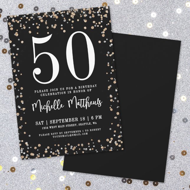 Invitación Partido de los 50 Años de Purpurina de Oro Negro (Black Gold Glitter 50th Birthday Party Invitation)