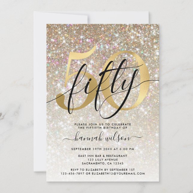 Invitación Partido de los 50 Años del Purpurina Dorado Sparkl (Anverso)