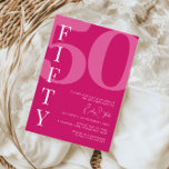 Invitación Partido de los 50 Años del Rosa minimalista<br><div class="desc">Esta minimalista tipografía, invitación a la fiesta de cumpleaños número 30, es perfecta para una fiesta de cumpleaños moderna. El diseño sencillo presenta una fuente blanca clásica sobre fondo rosado. Personalizable en cualquier color. Mantenga el diseño minimalista y elegante, tal como está, o lo personalice añadiendo sus propios gráficos y...</div>