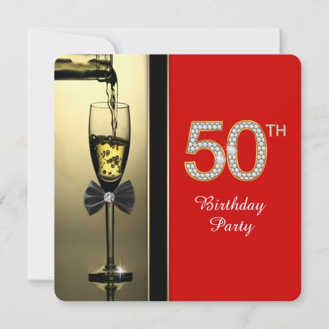 Invitación Partido de los 50 Años Red y Gold Champagne Red Ch (Anverso)