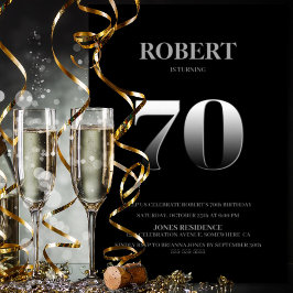 Invitación Partido de los 70 Años minimalista Negro y Plata