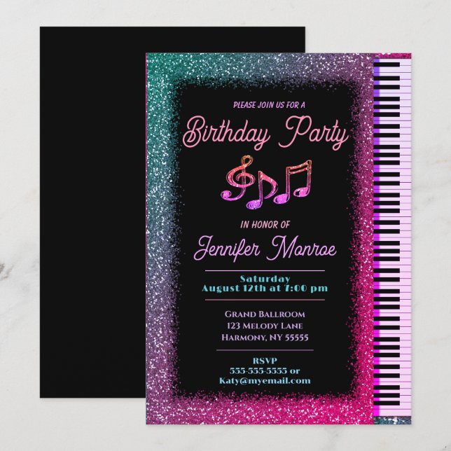 Invitación Partido de los Años Arcoiris Purpurina Piano (Anverso / Reverso)