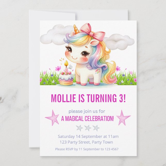 Invitación Partido de los Años de la Princesa Unicornio (Anverso)