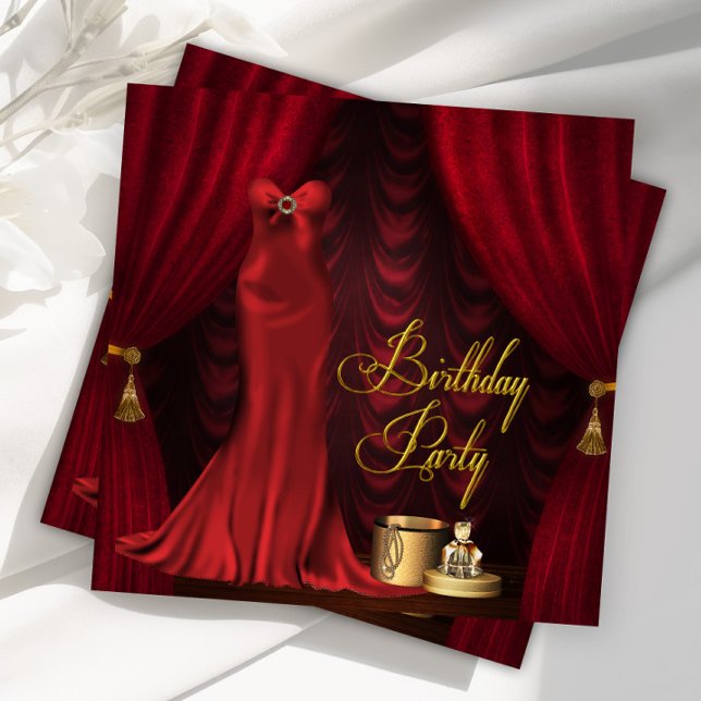 Invitación Partido de los Años de Oro Rojo de Ruby (Beautiful ruby red and gold woman's any number birthday party invitation.)