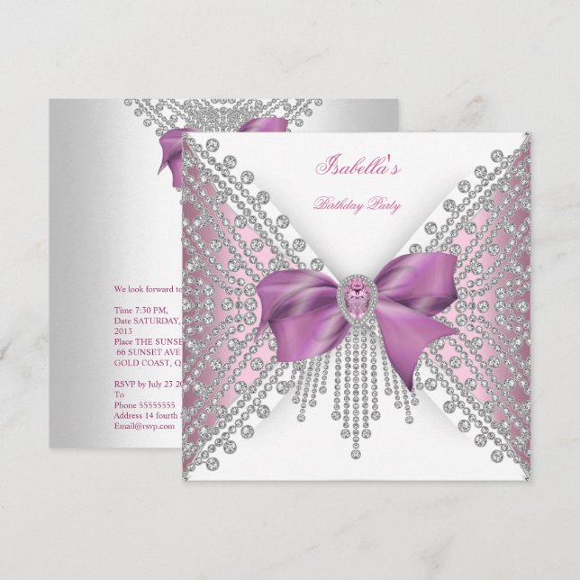 Invitación Partido de los Años Plata Rosa Blanca Diamante Bow (Anverso / Reverso)