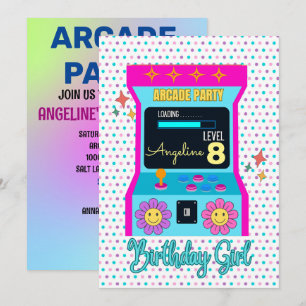 Invitación Partido de los Años Retro de Arcade Pink Azul