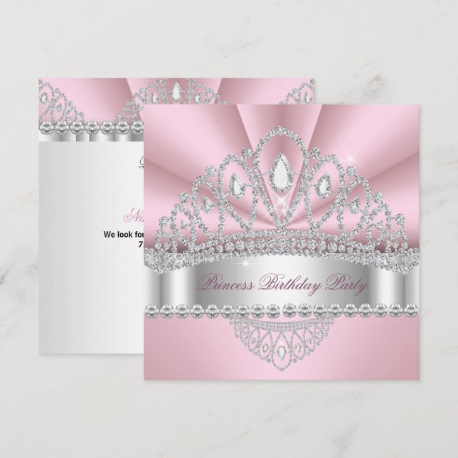 Invitación Partido de los Años Tiara del Diamante Blanco Rosa (Anverso / Reverso)