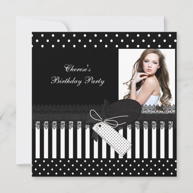 Invitación Partido de los Cumpleaños Black White Polka Dots F (Anverso)