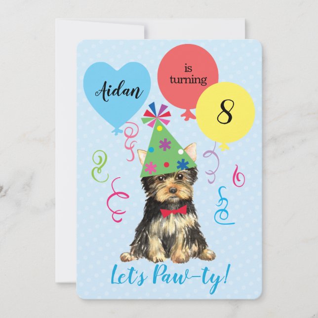 Invitación Partido de los Cumpleaños Globos Yorkie (Anverso)