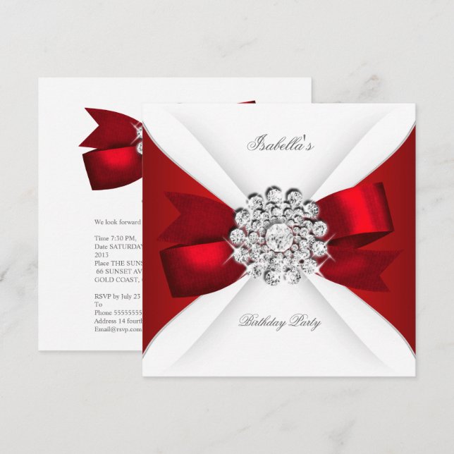 Invitación Partido de los Cumpleaños Red White Diamond Red Bo (Anverso / Reverso)