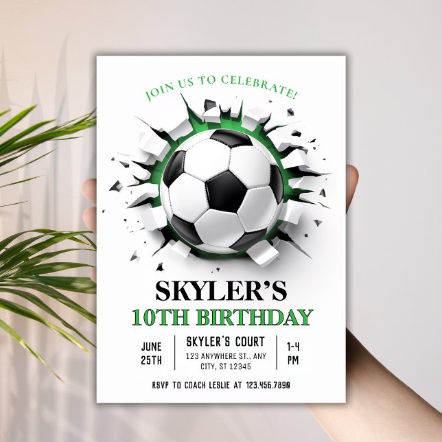 Invitación Partido de los Diez Aniversarios de la Revolución  (Soccer Ball Breakthrough 10th Birthday Party Invitation
)