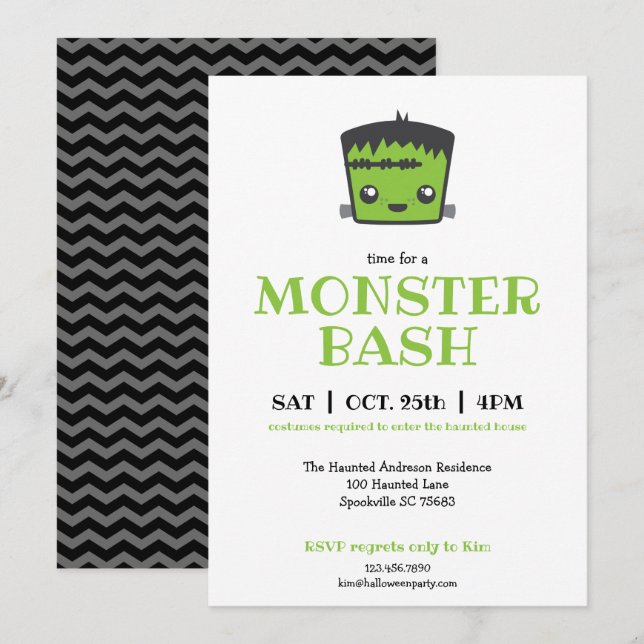 Invitación Partido de los Monstruos de Kawaii Frankenstein en (Anverso / Reverso)